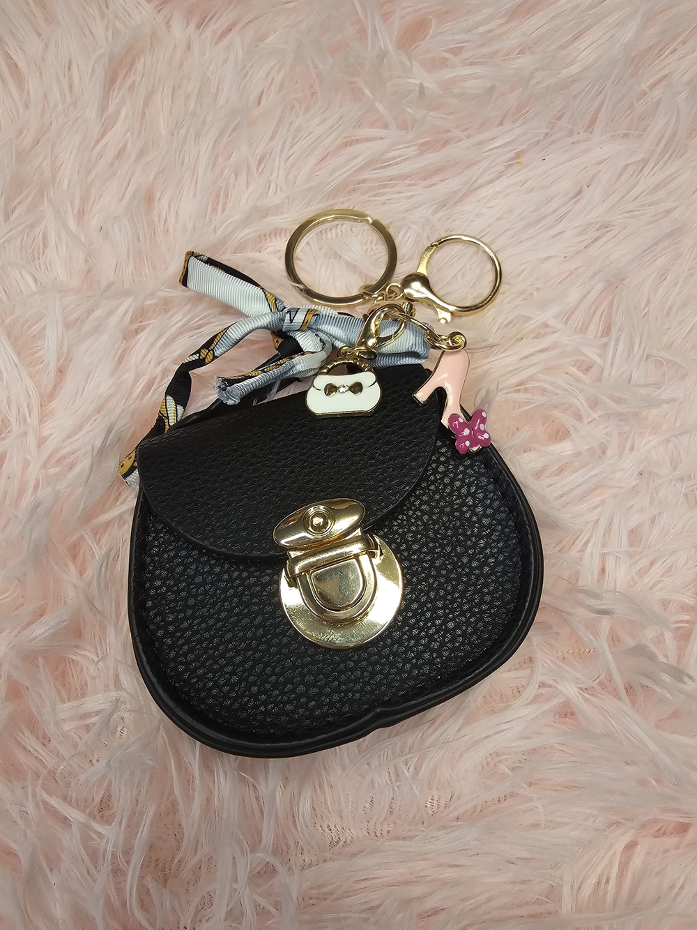 Women Accessories Black Faux Leather Coin Purse Keychain with Gold Hardware